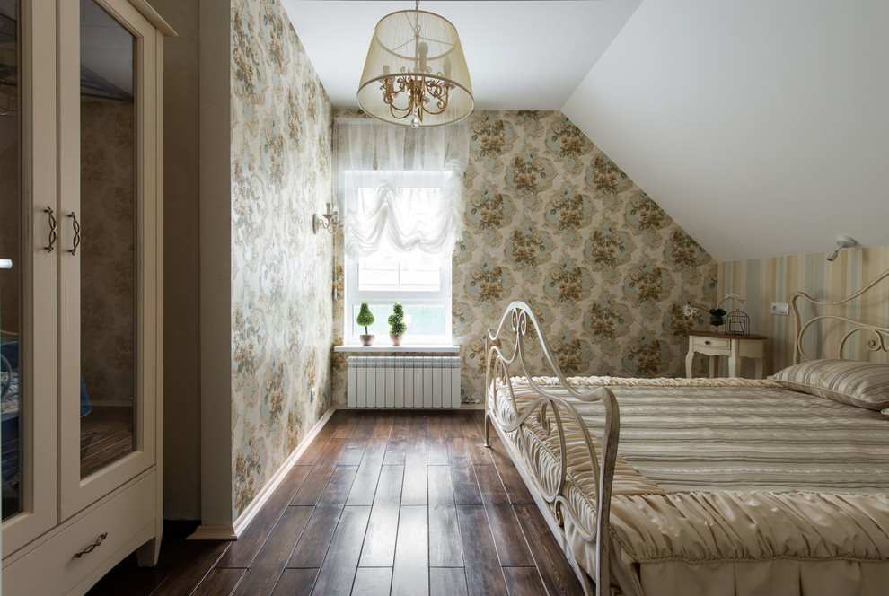 Inspiration for a medium sized traditional master bedroom in Moscow with beige walls and dark hardwood flooring.