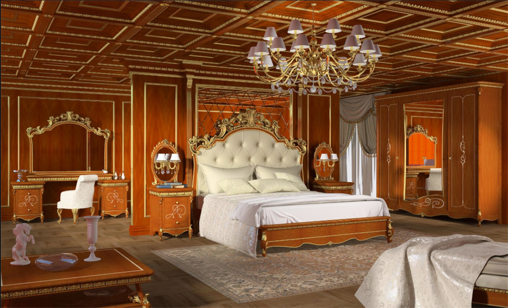Imagen de dormitorio principal clásico con paredes marrones