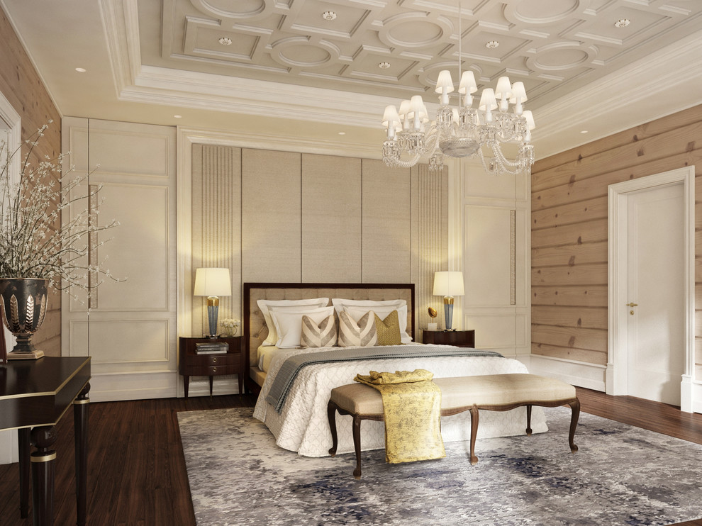 Idee per una camera matrimoniale classica con pareti beige e parquet scuro