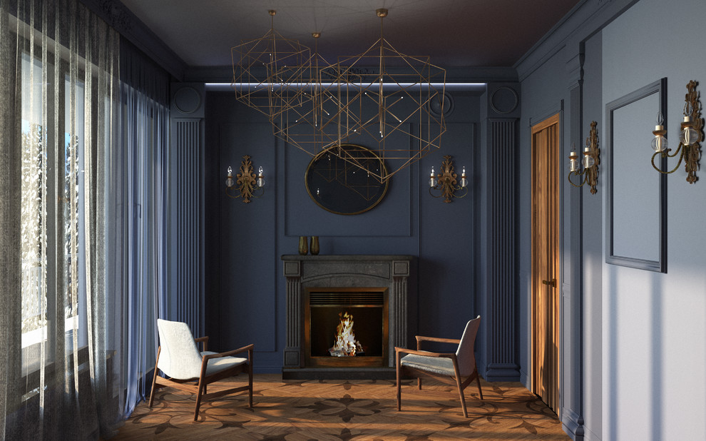 Mittelgroßes Klassisches Hauptschlafzimmer mit blauer Wandfarbe, braunem Holzboden, Gaskamin, Kaminumrandung aus Metall und braunem Boden in Sonstige
