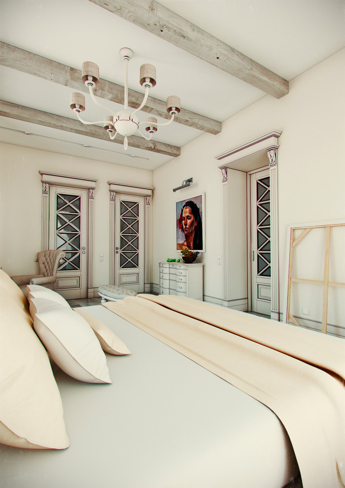Стильный дизайн: хозяйская спальня среднего размера в стиле кантри с бежевыми стенами и светлым паркетным полом - последний тренд