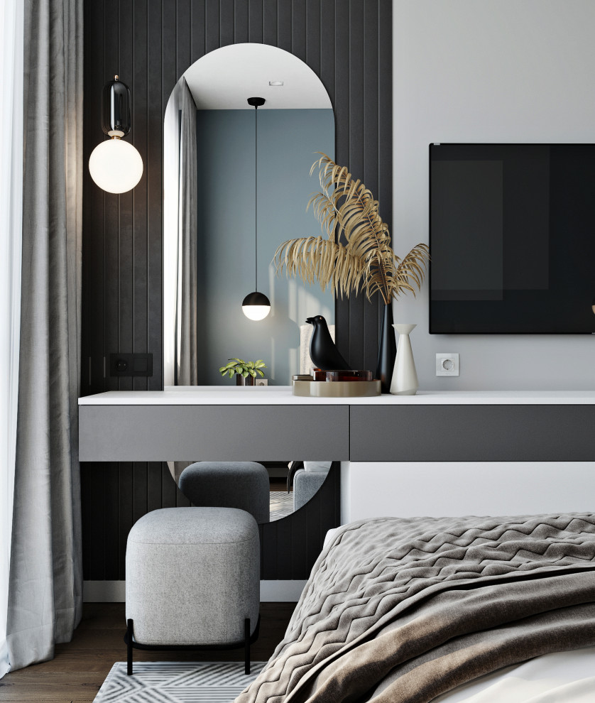 Стильный дизайн: хозяйская спальня среднего размера в современном стиле с полом из ламината, коричневым полом и разноцветными стенами - последний тренд