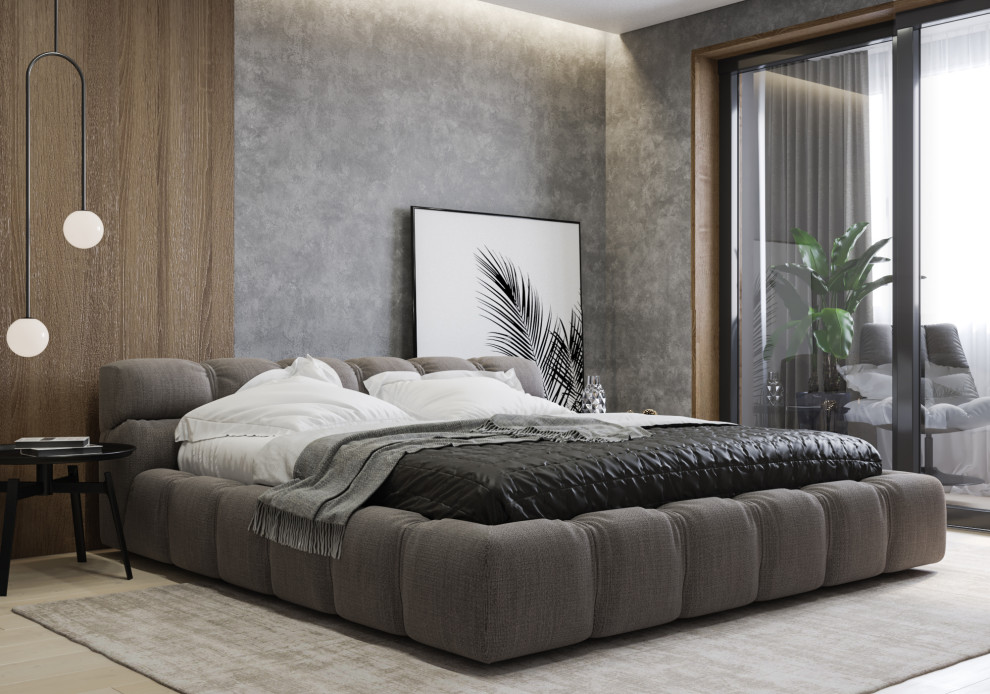 Foto de dormitorio principal actual de tamaño medio con paredes grises, suelo de madera clara y suelo beige