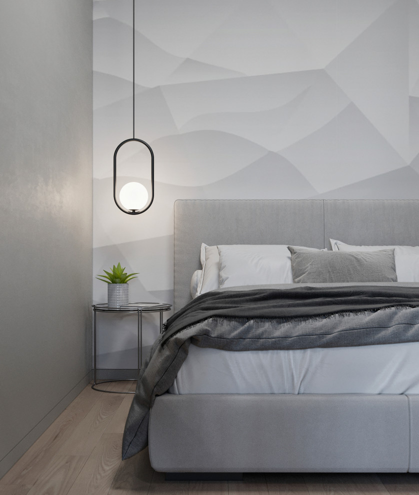 Idée de décoration pour une petite chambre parentale urbaine avec un mur gris, sol en stratifié et un sol beige.