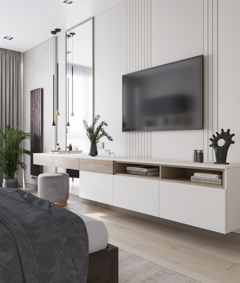 Mittelgroßes Modernes Hauptschlafzimmer mit beigem Boden, beiger Wandfarbe und Laminat in Sonstige