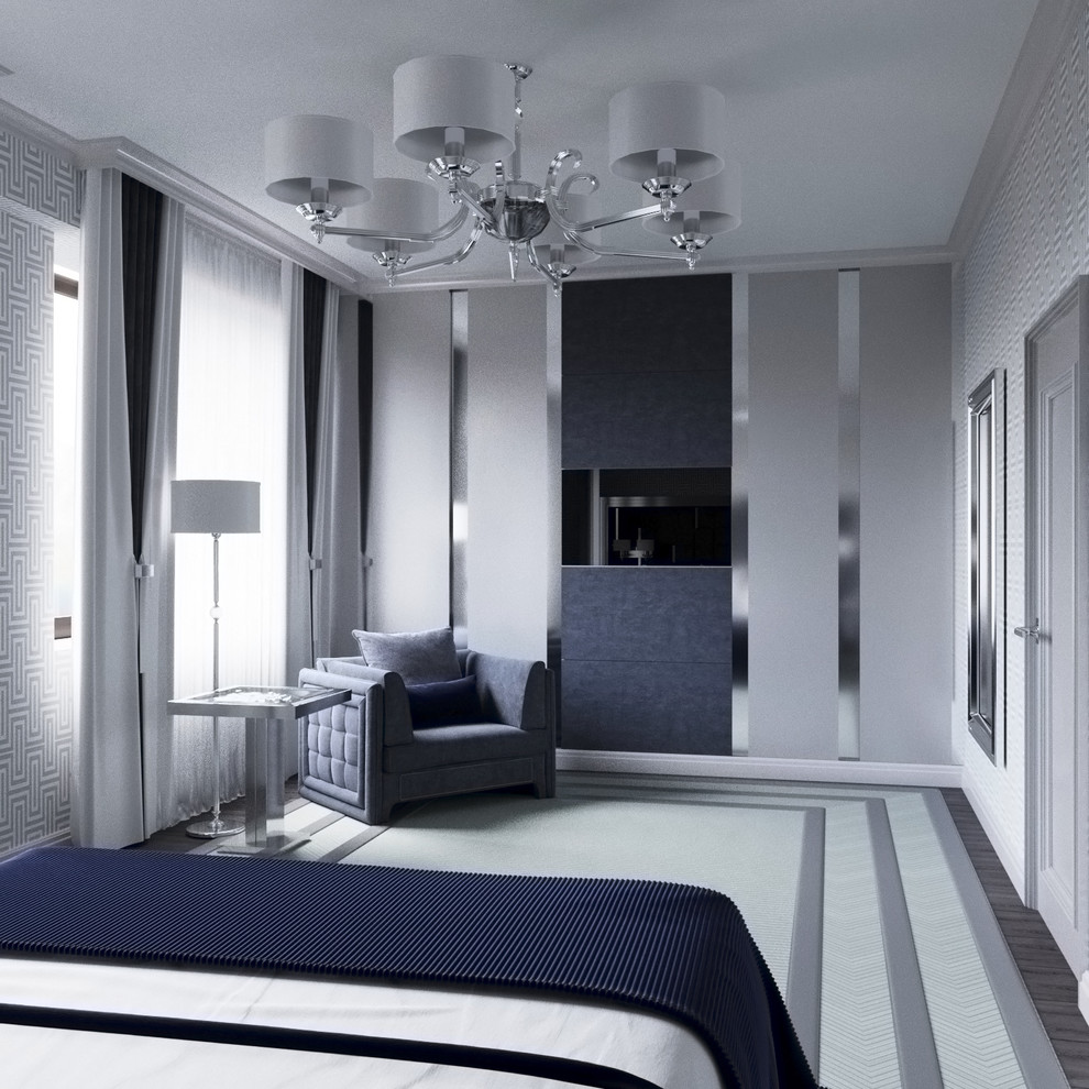 Источник вдохновения для домашнего уюта: большая хозяйская спальня в классическом стиле с серыми стенами, паркетным полом среднего тона и серым полом