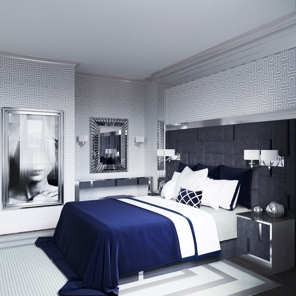 Свежая идея для дизайна: большая хозяйская спальня в классическом стиле с серыми стенами, паркетным полом среднего тона и серым полом - отличное фото интерьера