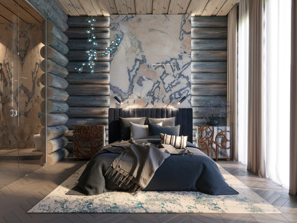 Идея дизайна: хозяйская спальня среднего размера в современном стиле с деревянным потолком, деревянными стенами, коричневыми стенами, паркетным полом среднего тона и бежевым полом