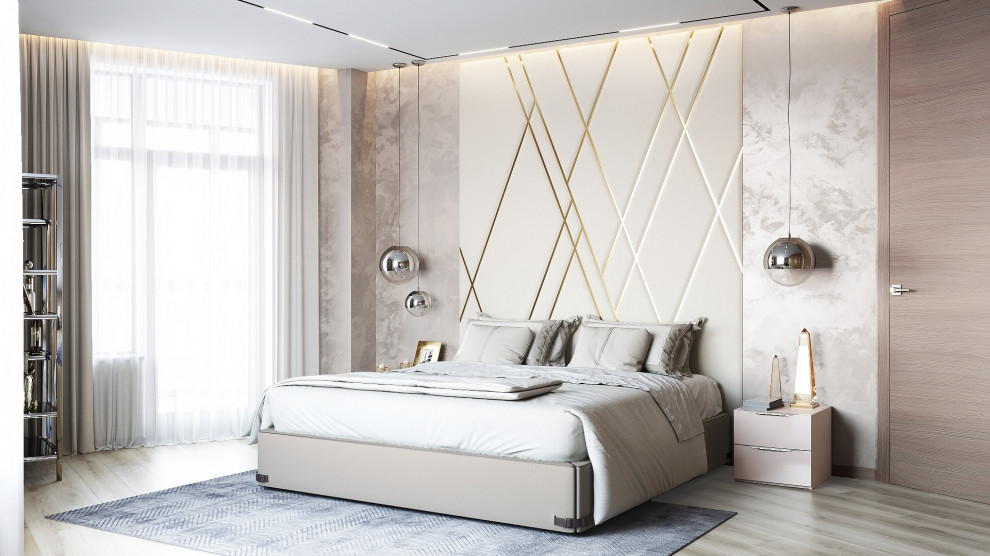 Inspiration for a large contemporary master bedroom in Moscow with beige walls, laminate floors and beige floors.