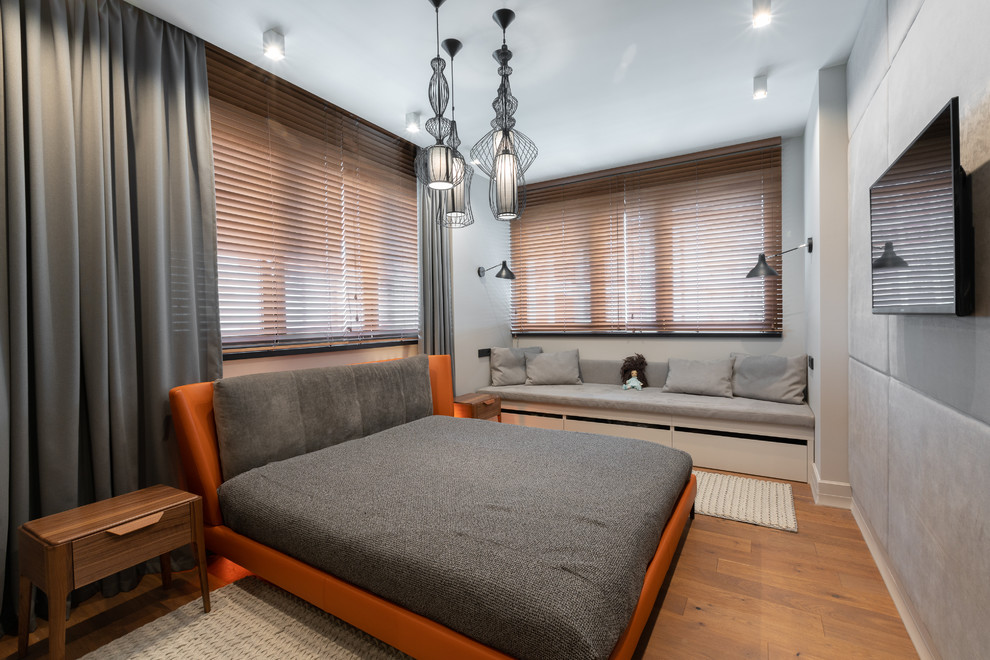 Ejemplo de dormitorio principal actual sin chimenea con paredes grises y suelo de madera en tonos medios