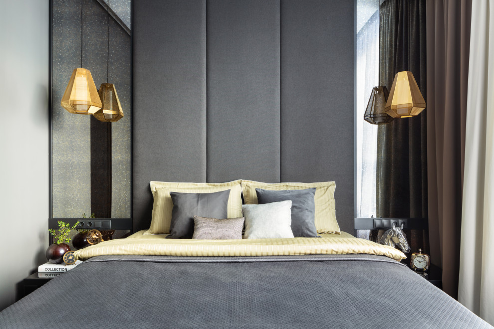 На фото: спальня в современном стиле с серыми стенами с
