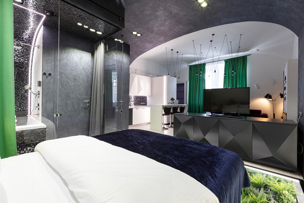 Foto de dormitorio principal ecléctico de tamaño medio con paredes grises y suelo verde