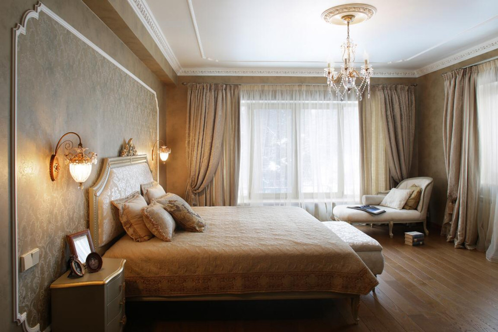 Пример оригинального дизайна: спальня в стиле неоклассика (современная классика)