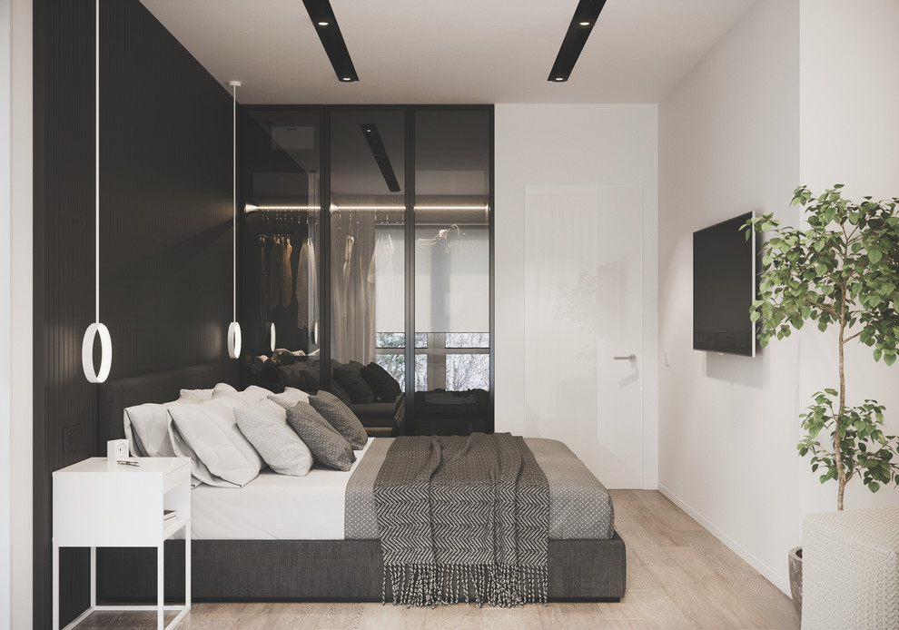Свежая идея для дизайна: хозяйская спальня среднего размера в современном стиле с черными стенами, светлым паркетным полом и бежевым полом - отличное фото интерьера