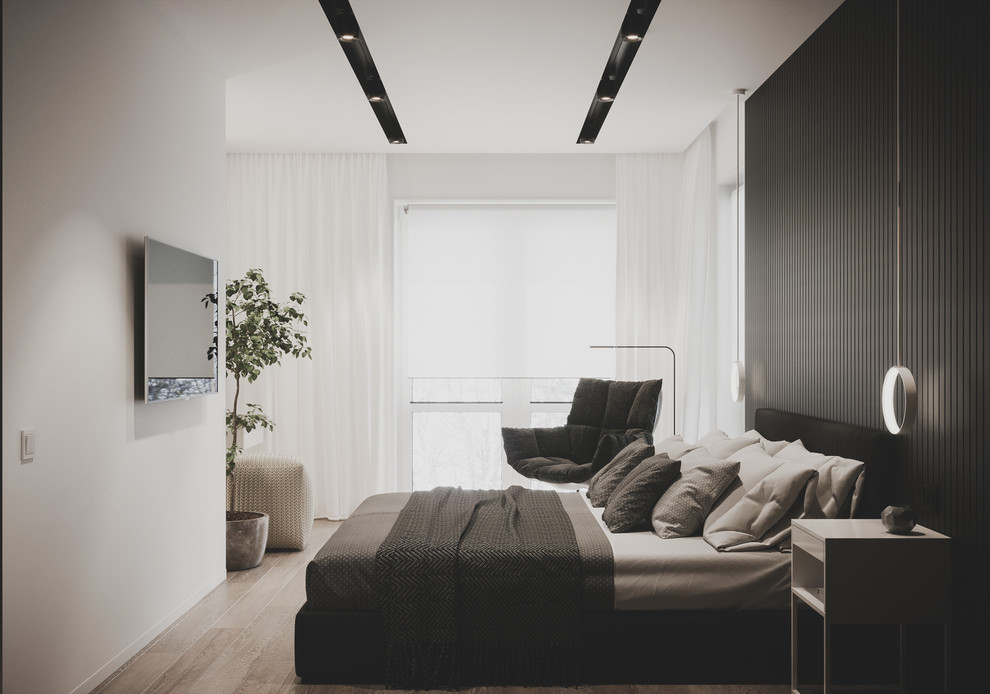 Diseño de dormitorio principal actual de tamaño medio con paredes negras, suelo de madera clara y suelo beige