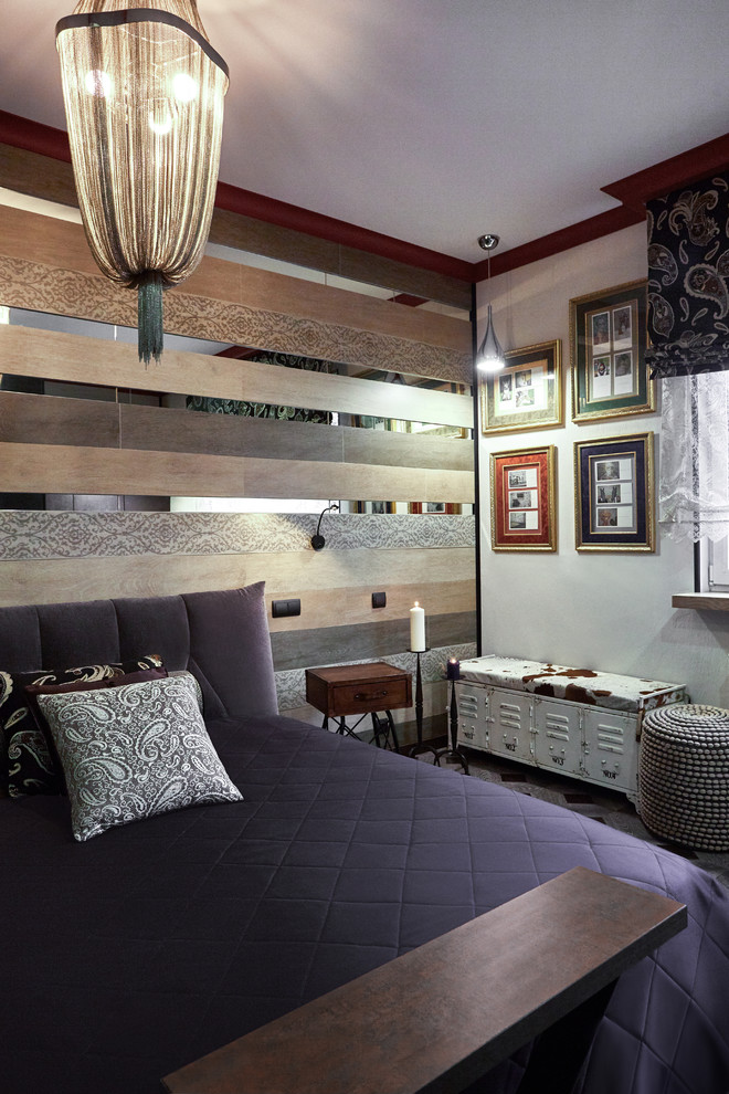 Пример оригинального дизайна: спальня среднего размера в стиле лофт с серыми стенами и полом из ламината