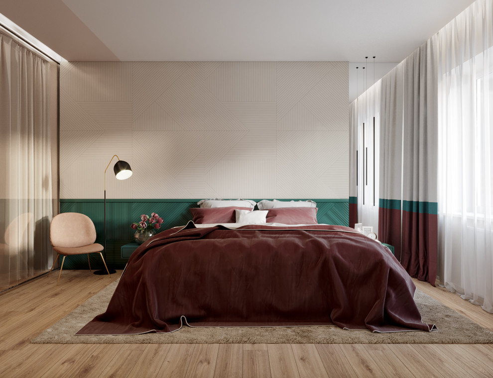 Contemporary master bedroom in Saint Petersburg with light hardwood flooring.