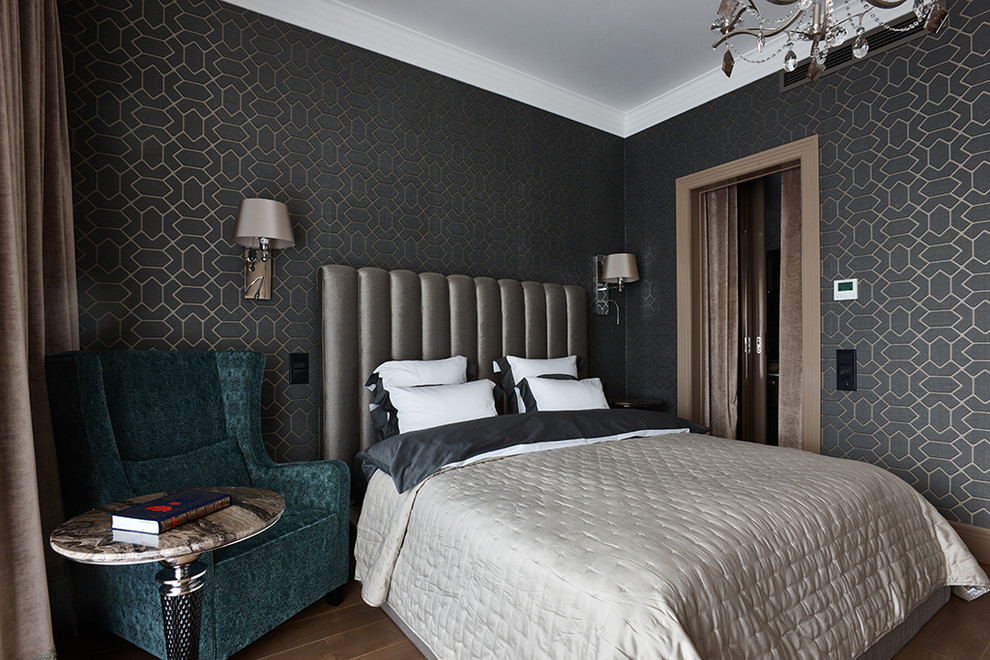 This is an example of a classic master and grey and brown bedroom in Moscow with grey walls, medium hardwood flooring and brown floors.