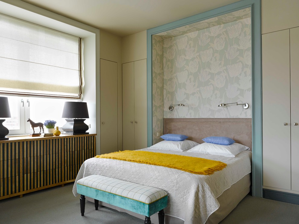 Идея дизайна: гостевая спальня (комната для гостей) в современном стиле с ковровым покрытием