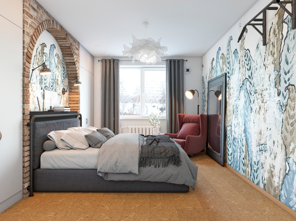 Свежая идея для дизайна: спальня в стиле фьюжн с белыми стенами и коричневым полом - отличное фото интерьера