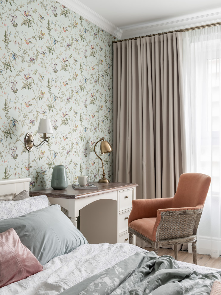 Inspiration for a mid-sized timeless master laminate floor and beige floor bedroom remodel in Saint Petersburg with green walls and no fireplace