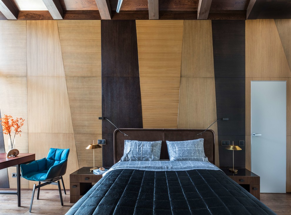 Источник вдохновения для домашнего уюта: спальня в современном стиле с коричневыми стенами