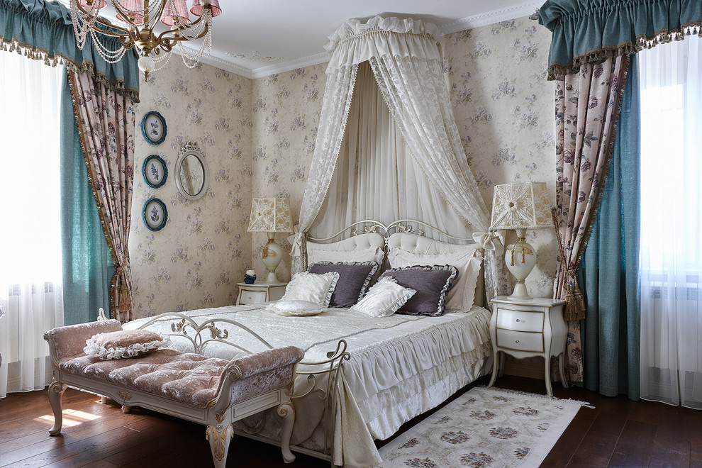 This is an example of a classic master bedroom in Moscow with beige walls, dark hardwood flooring and brown floors.