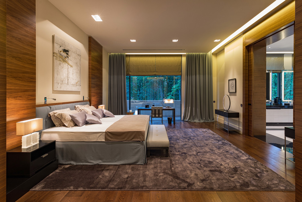Идея дизайна: хозяйская спальня в современном стиле с белыми стенами и ковровым покрытием без камина