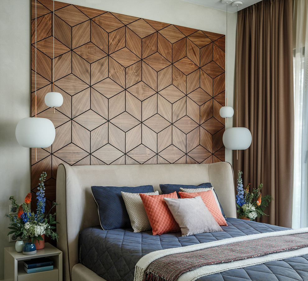 Идея дизайна: хозяйская спальня: освещение в современном стиле с серыми стенами