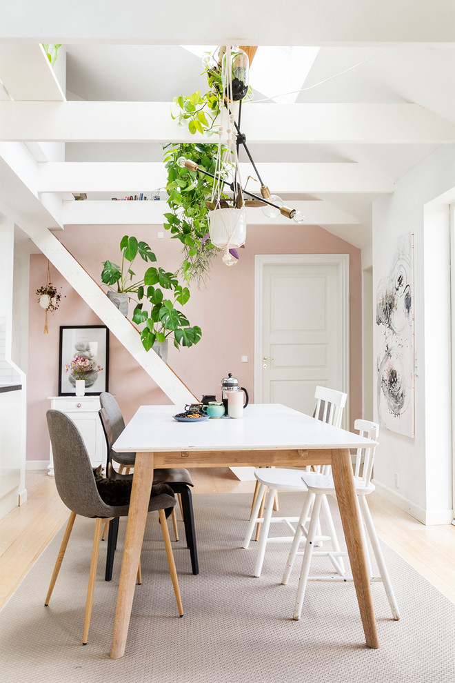 На фото: гостиная-столовая среднего размера в скандинавском стиле с розовыми стенами, светлым паркетным полом и бежевым полом с