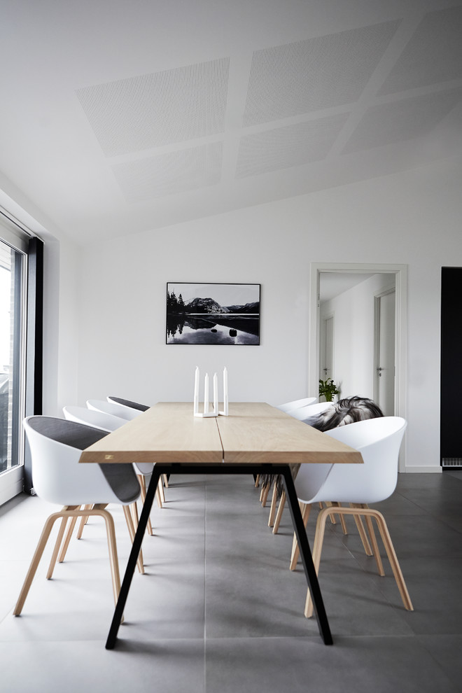 Kitchen/dining room combo - mid-sized scandinavian ceramic tile kitchen/dining room combo idea in Wiltshire with white walls and no fireplace