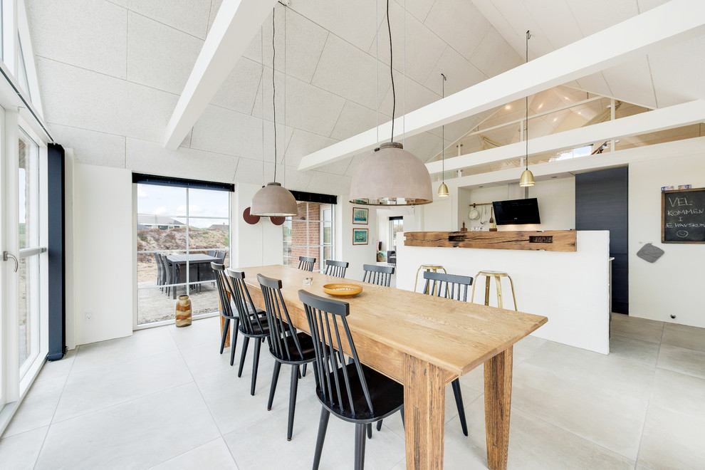 Идея дизайна: кухня-столовая в скандинавском стиле с белыми стенами и белым полом без камина
