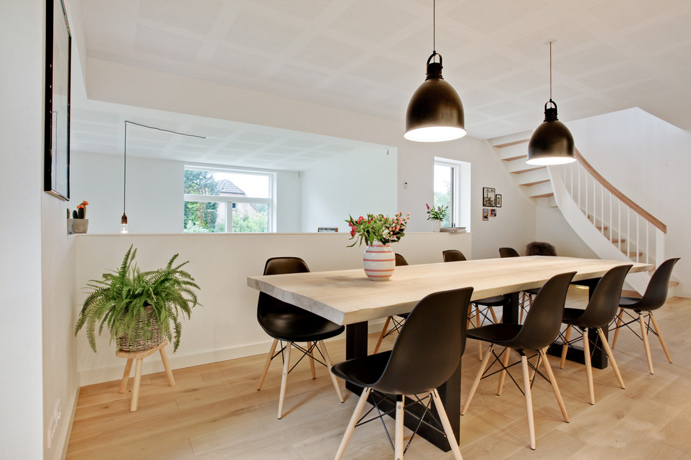 Photo of a medium sized scandinavian enclosed dining room in Esbjerg with white walls, light hardwood flooring and no fireplace.