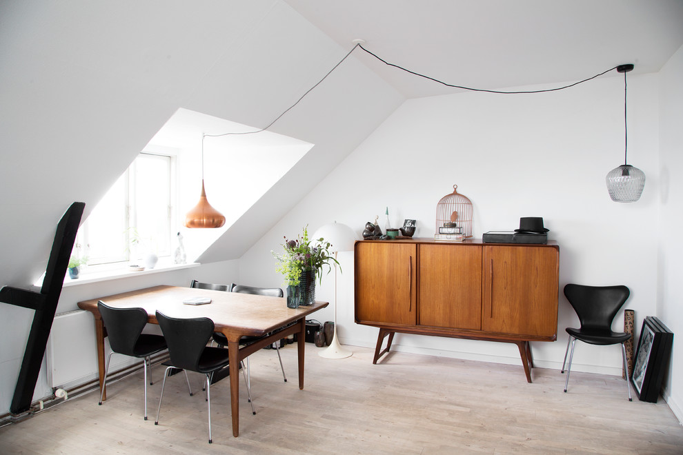 Geschlossenes, Mittelgroßes Nordisches Esszimmer ohne Kamin mit weißer Wandfarbe und hellem Holzboden in Kopenhagen