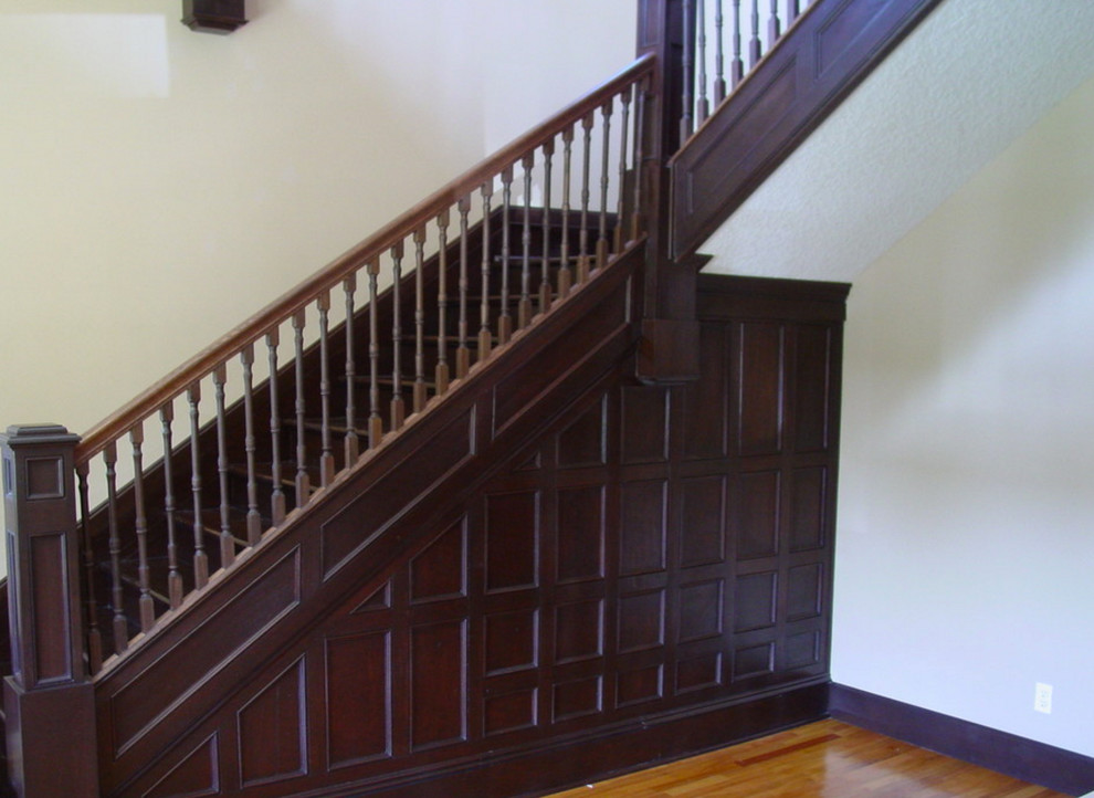 Staircase - mid-sized victorian wooden l-shaped staircase idea in New York with wooden risers