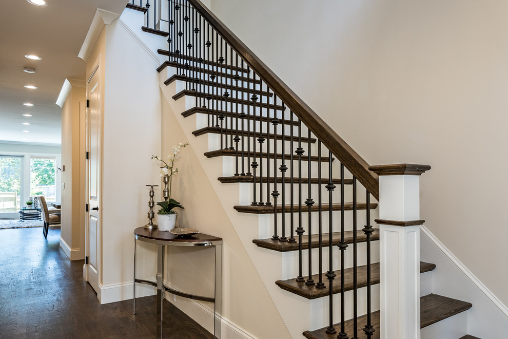 Staircase - large contemporary wooden straight metal railing staircase idea in Boston with painted risers