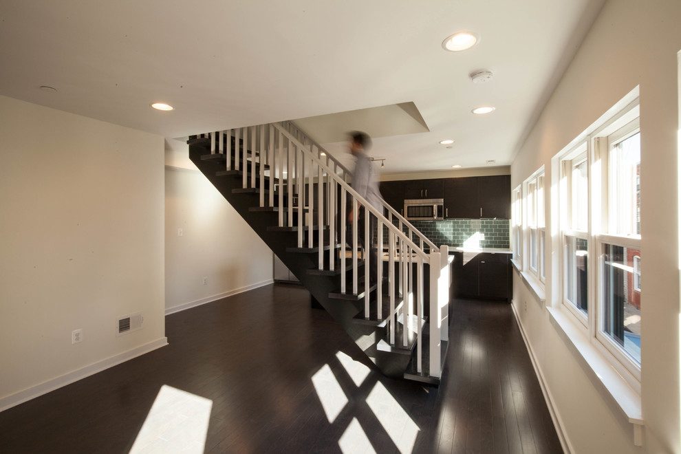 Staircase - small modern wooden straight open staircase idea in Baltimore