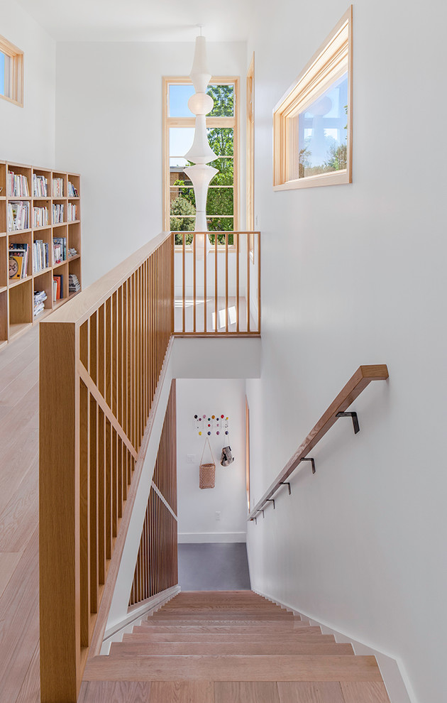Foto de escalera recta moderna con escalones de madera y contrahuellas de madera