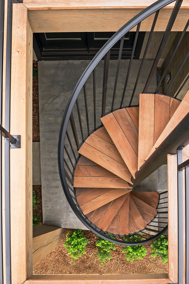 Пример оригинального дизайна: большая винтовая лестница в стиле модернизм с деревянными ступенями без подступенок