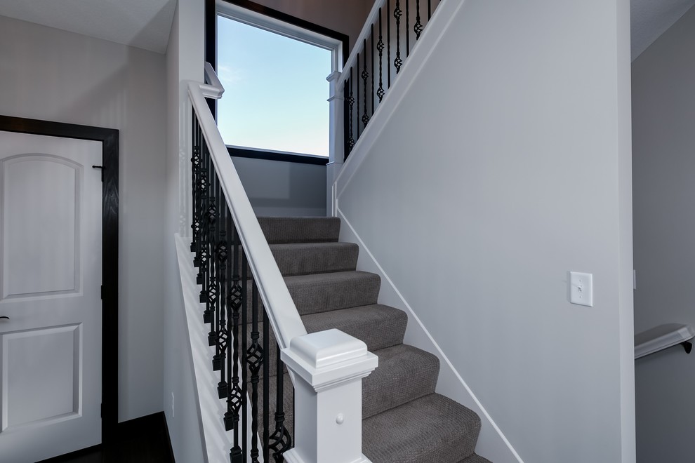 Mittelgroße Klassische Treppe in U-Form mit Teppich-Treppenstufen, Teppich-Setzstufen und Stahlgeländer in Minneapolis