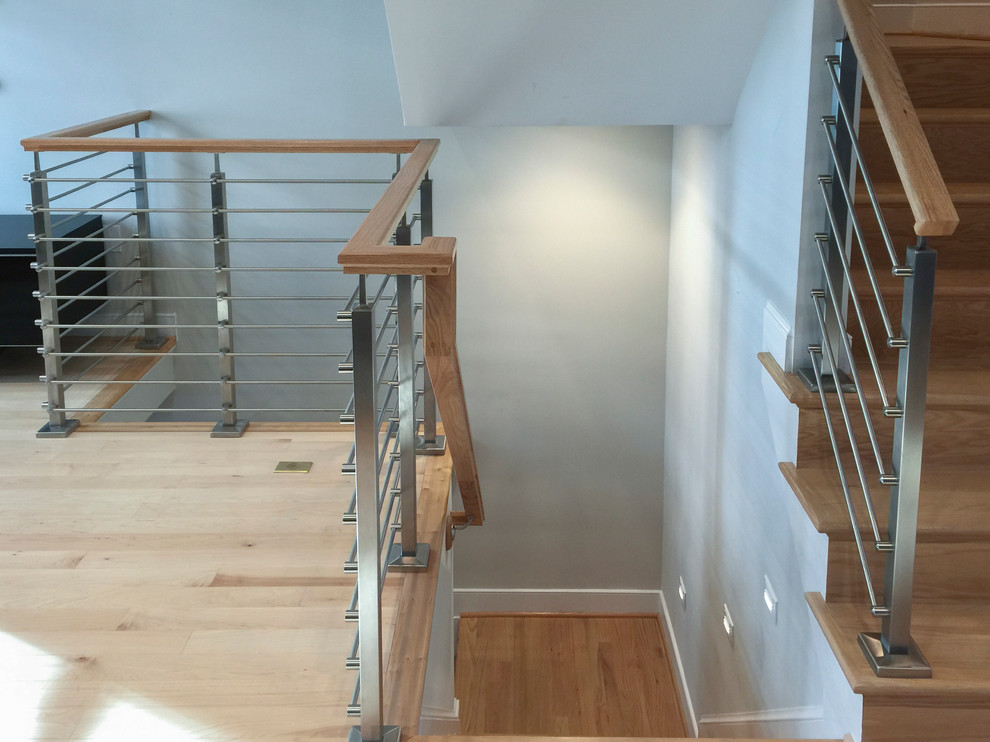 Mid-sized trendy wooden straight mixed material railing staircase photo in DC Metro with wooden risers