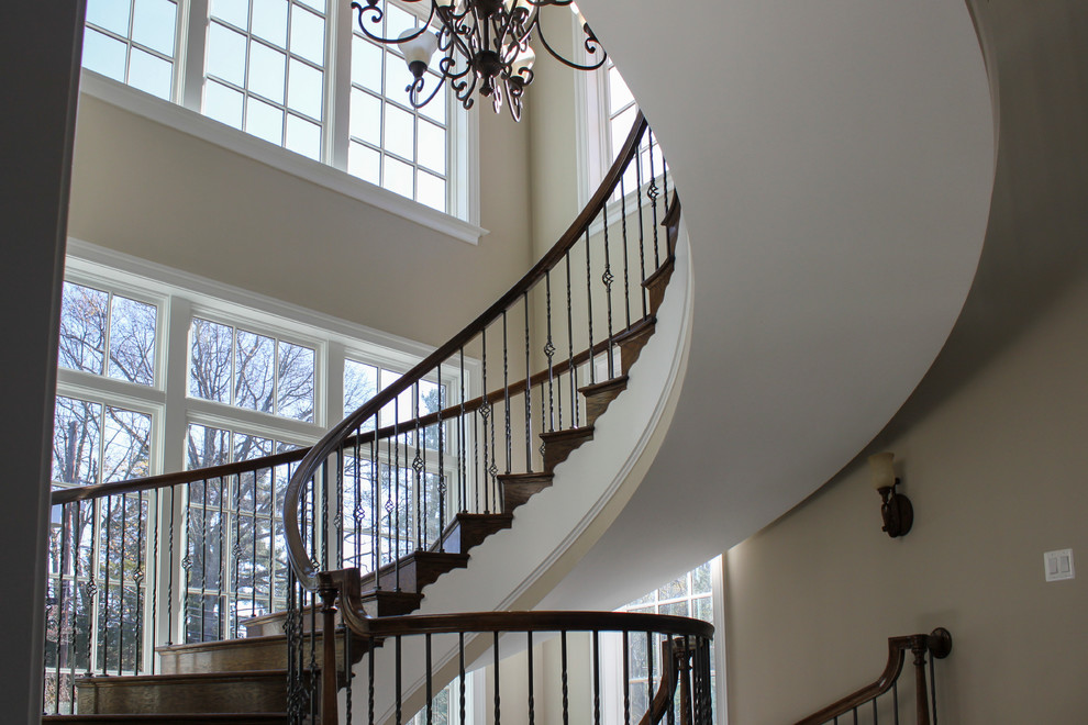 Design ideas for an expansive classic wood spiral mixed railing staircase in DC Metro with wood risers.