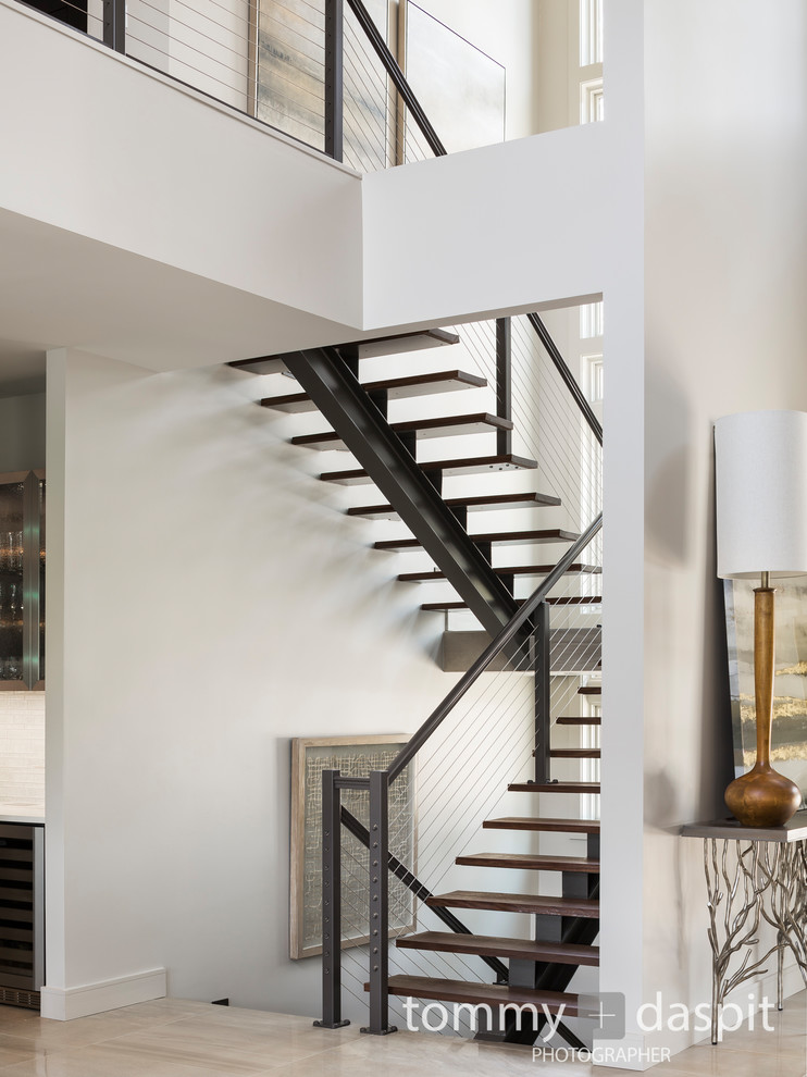 Staircase - large transitional wooden floating open and cable railing staircase idea in Birmingham
