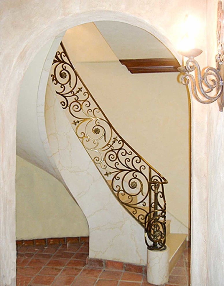 Huge tuscan wooden floating wood railing staircase photo in DC Metro with wooden risers