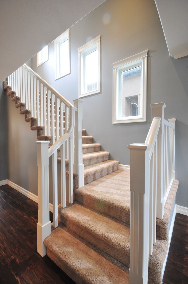 На фото: угловая лестница среднего размера в современном стиле с ступенями с ковровым покрытием и ковровыми подступенками
