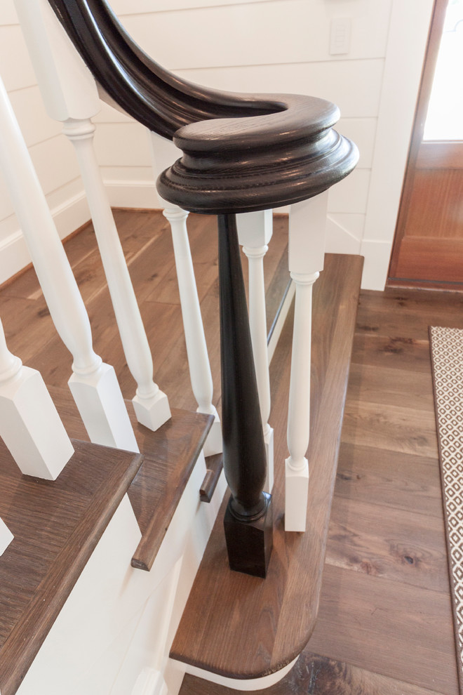 Inspiration for a large shabby-chic style wood straight wood railing staircase in DC Metro with wood risers.