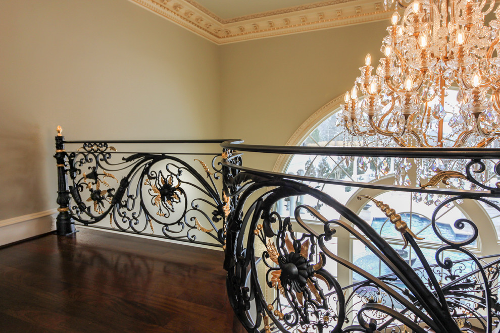 Huge elegant wooden curved metal railing staircase photo in DC Metro with wooden risers