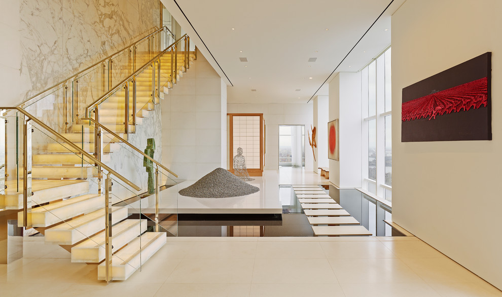 This is an example of a contemporary l-shaped staircase in New York with open risers.