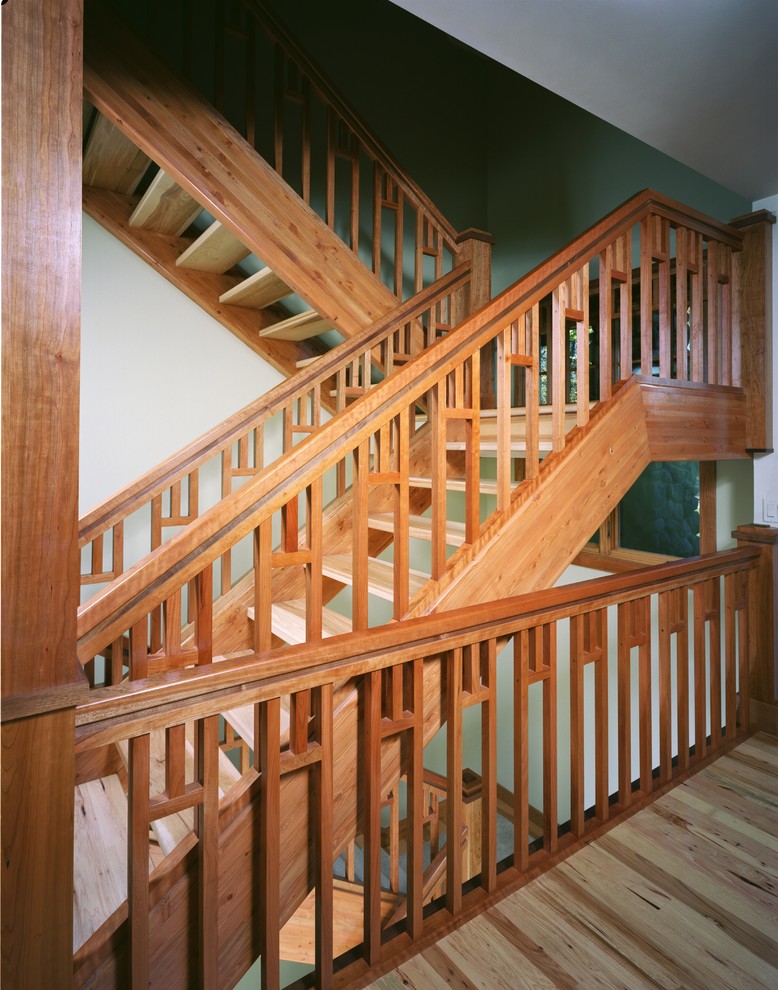 Example of a mid-sized arts and crafts wooden u-shaped open staircase design in Other
