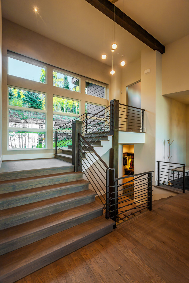 Medium sized contemporary wood l-shaped staircase in Salt Lake City with wood risers.